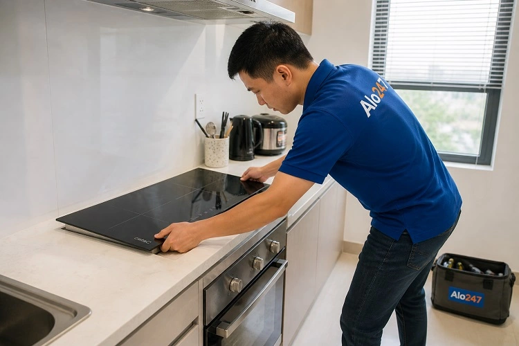 Thợ alo247 kiểm tra bếp từ Junger trước khi sửa chữa