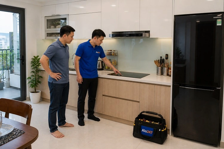 Thợ alo247 kiểm tra bếp từ electrolux trước khi sửa chữa