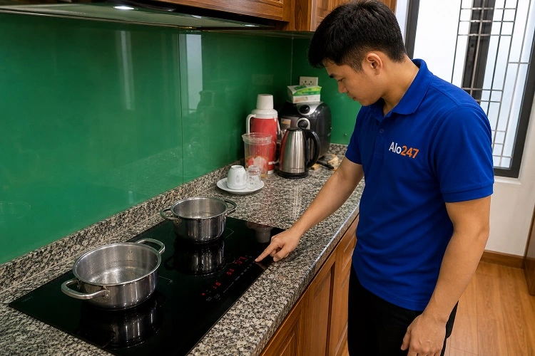 Thợ alo247 kiểm tra lại bếp từ sau khi sửa chữa