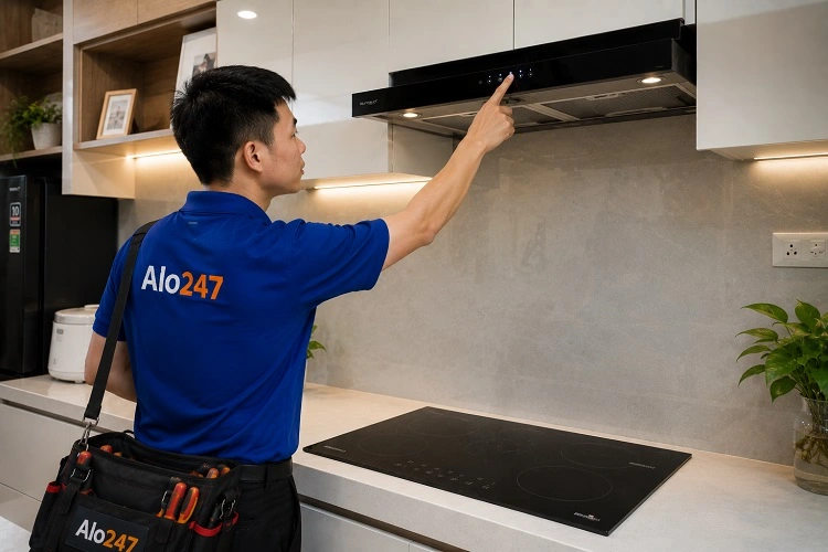 Thợ alo247 kiểm tra lại sau khi sửa máy hút mùi tại Tây Hồ