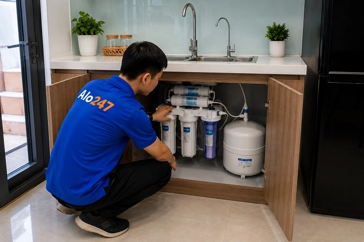 Thợ alo247 kiểm tra lỗi trước khi Sửa máy lọc nước tại Nghĩa Đô