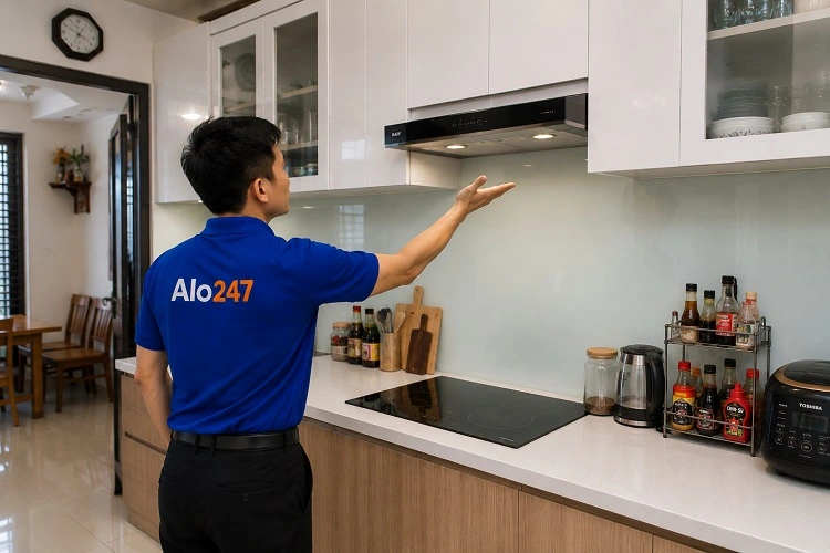 Thợ alo247 kiểm tra lực hút của máy hút mùi tại Đông Anh