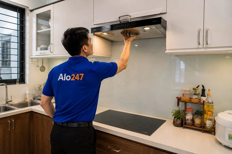 Thợ alo247 kiểm tra lực hút của máy hút mùi tại Mê Linh trước khi sửa