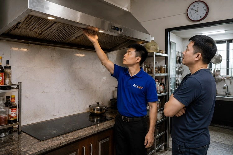 Thợ alo247 kiểm tra lực hút của máy hút mùi tại Tây Hồ