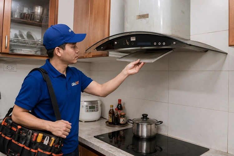Thợ alo247 kiểm tra lưới lọc máy hút mùi trước khi sửa