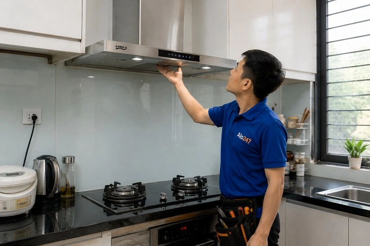 Thợ alo247 kiểm tra máy hút mùi sau khi sửa chữa