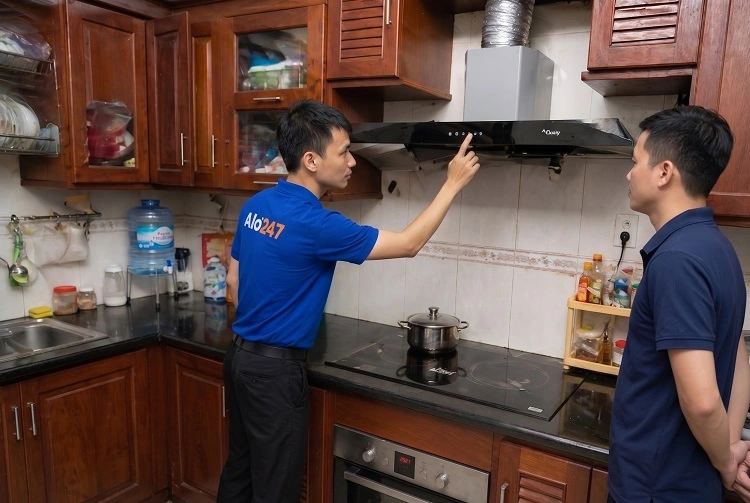 Thợ alo247 kiểm tra máy hút mùi tại Ba Đình trước khi sửa chữa
