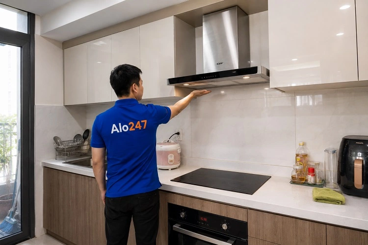 Thợ alo247 kiểm tra máy hút mùi tại Bát Tràng trước khi sửa