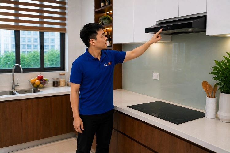 Thợ alo247 kiểm tra máy hút mùi tại Cầu Giấy trước khi sửa chữa
