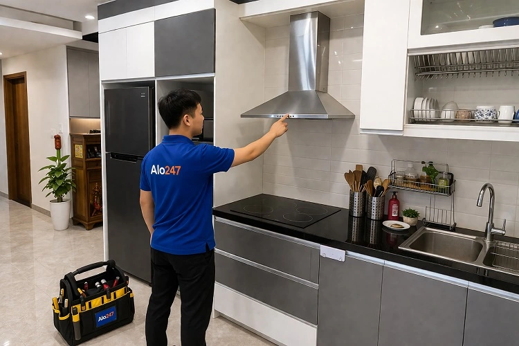 Thợ alo247 kiểm tra máy hút mùi tại Cửa Nam trước khi sửa
