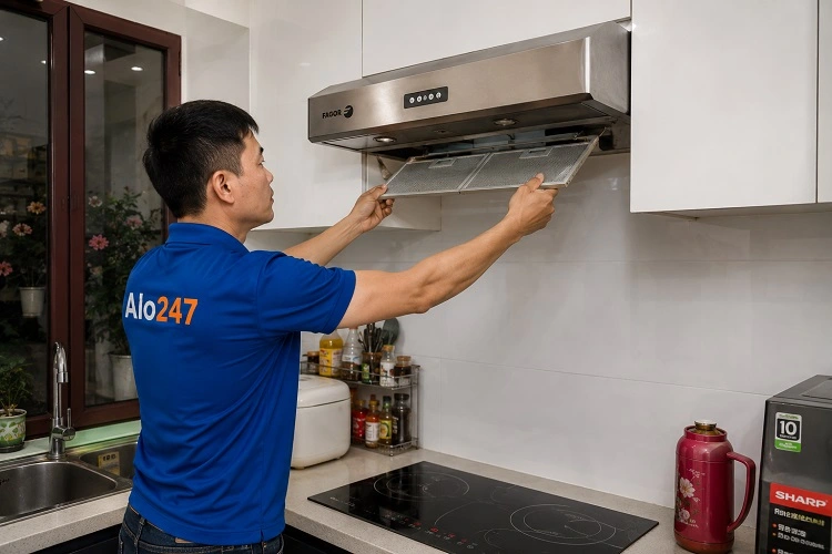 Thợ alo247 kiểm tra máy hút mùi tại Đống Đa trước khi sửa chữa