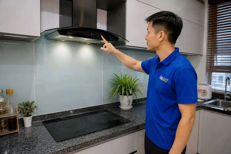 Thợ alo247 kiểm tra máy hút mùi tại Hà Đông trước khi sửa