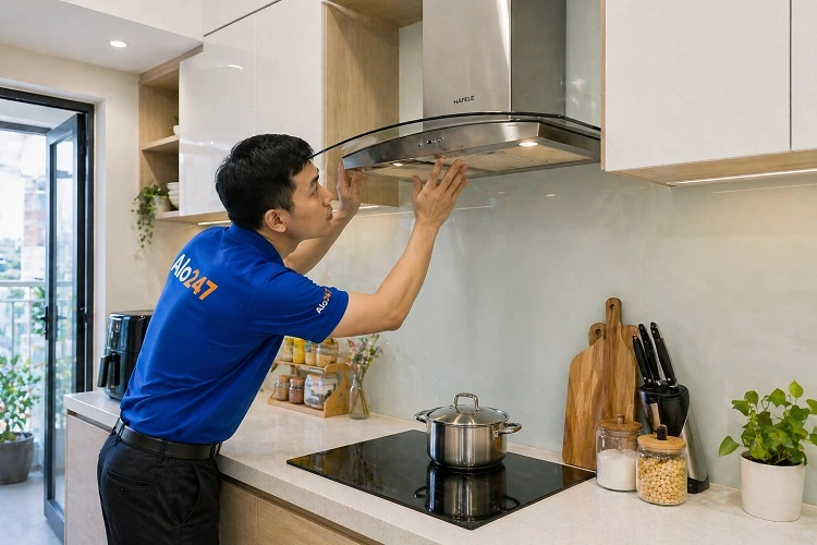 Thợ alo247 kiểm tra máy hút mùi tại Hoàn Kiếm trước khi sửa chữa