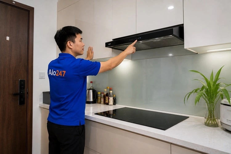 Thợ alo247 kiểm tra máy hút mùi tại Khương Đình sau khi sửa chữa