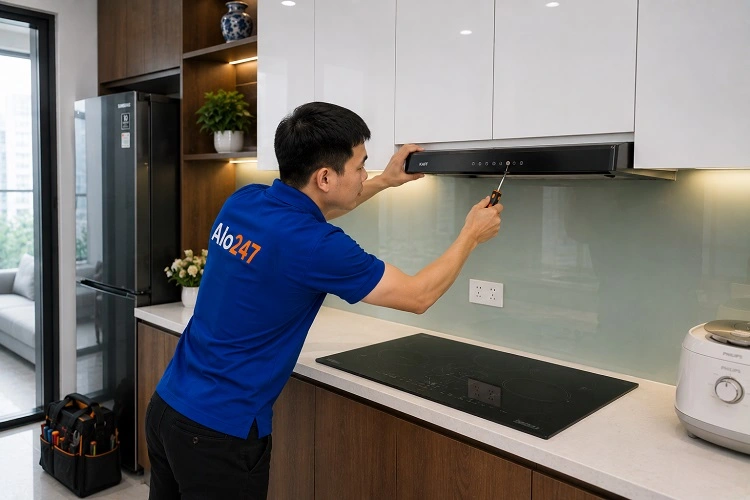 Thợ alo247 kiểm tra máy hút mùi tại Nghĩa Đô trước khi sửa chữa