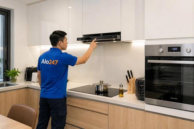 Thợ alo247 kiểm tra máy hút mùi tại Ngọc Hà trước khi sửa chữa