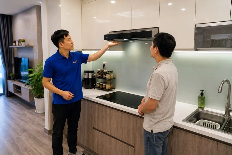 Thợ alo247 kiểm tra máy hút mùi tại Ngọc Hồi trước khi bàn giao
