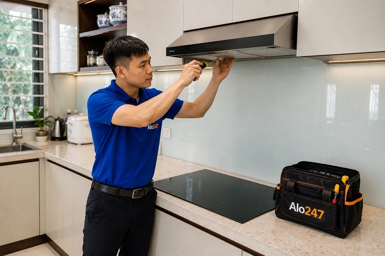 Thợ alo247 kiểm tra máy hút mùi tại Nội Bài
