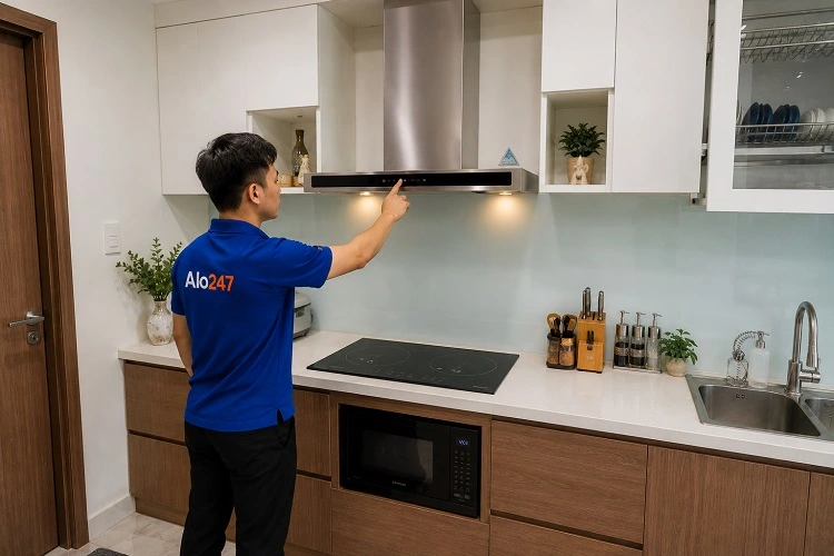 Thợ alo247 kiểm tra máy hút mùi tại Phú Lương trước khi sửa chữa