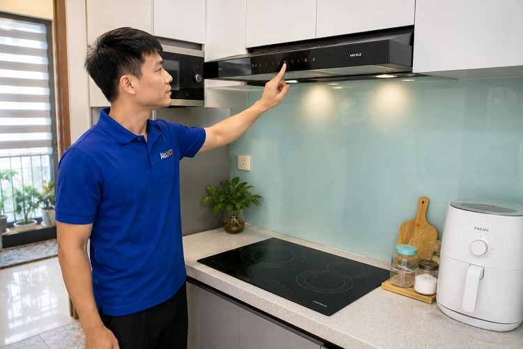 Thợ alo247 kiểm tra máy hút mùi tại Phúc Lợi trước khi sửa