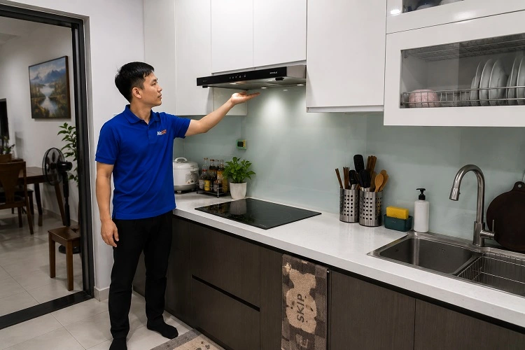 Thợ alo247 kiểm tra máy hút mùi tại Thanh Liệt sau khi sửa chữa