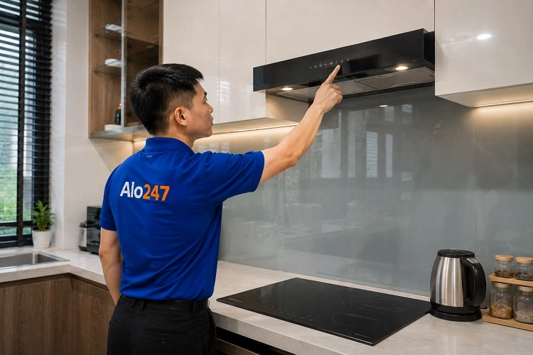 Thợ alo247 kiểm tra máy hút mùi tại Thượng Cát trước khi sửa