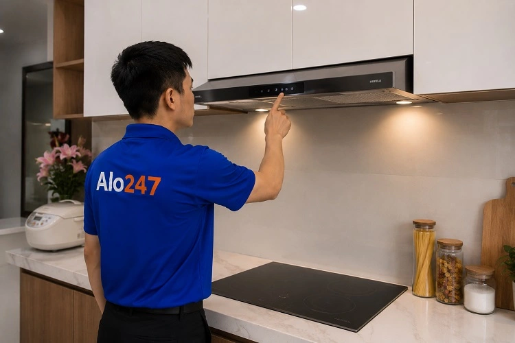 Thợ alo247 kiểm tra máy hút mùi tại Tương Mai sau khi sửa chữa