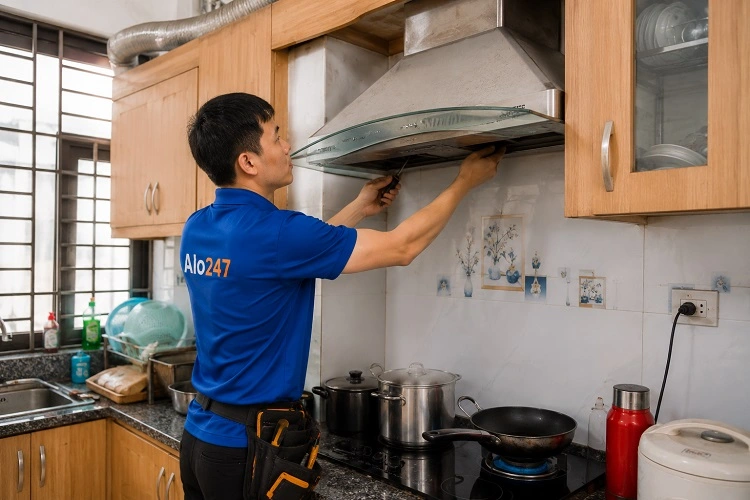 Thợ alo247 kiểm tra máy hút mùi tại Văn Miếu trước khi sửa