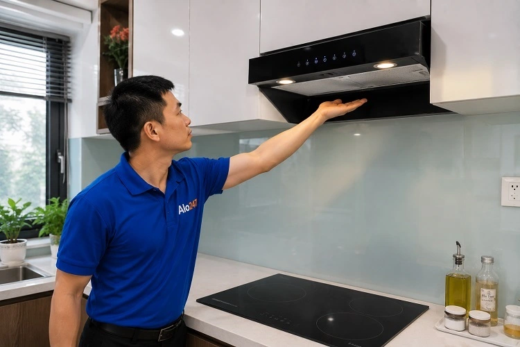 Thợ alo247 kiểm tra máy hút mùi tại Yên Hoà trước khi sửa chữa