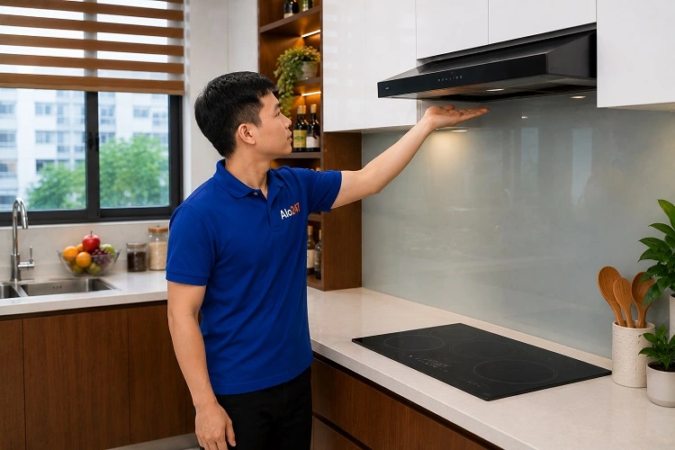 Thợ alo247 kiểm tra máy hút mùi tại Yên Sở trước khi sửa