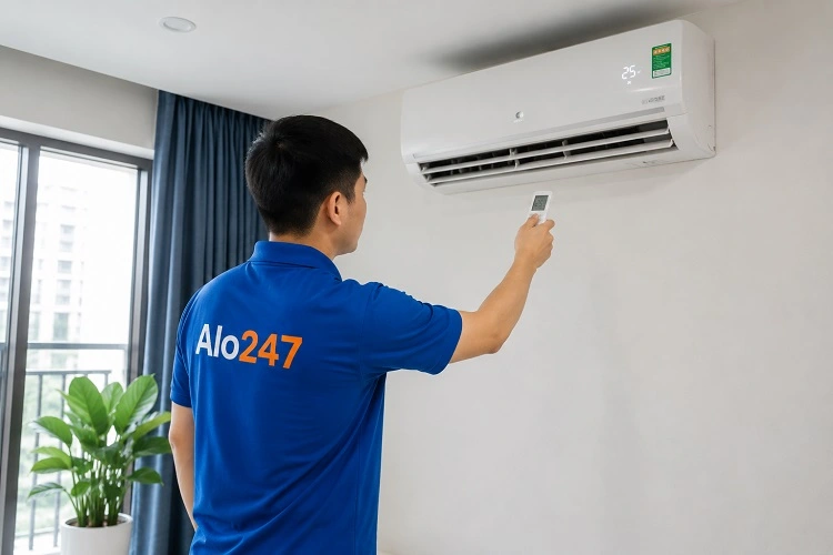 Thợ alo247 kiểm tra sau khi sửa điều hoà tại Tương Mai