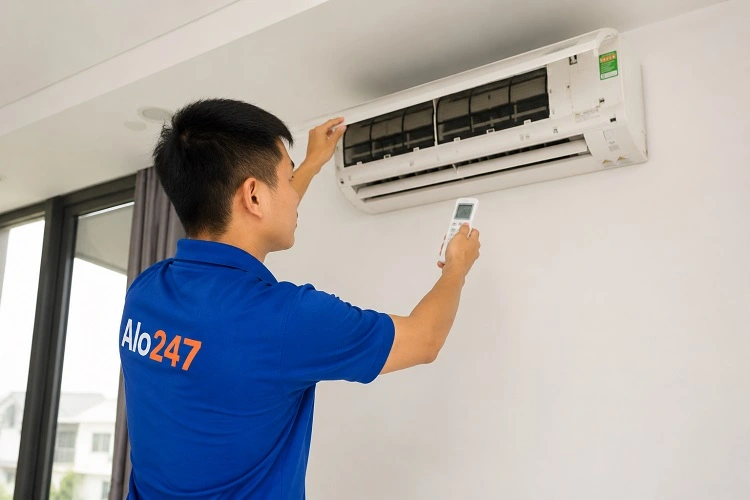 Thợ alo247 kiểm tra trước khi sửa điều hoà tại Hồng Hà