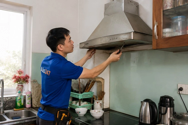 Thợ alo247 kiểm tra trước khi sửa máy hút mùi tại Kim Liên
