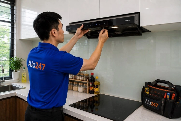Thợ alo247 kiểm tra trước khi sửa máy hút mùi tại Lĩnh Nam