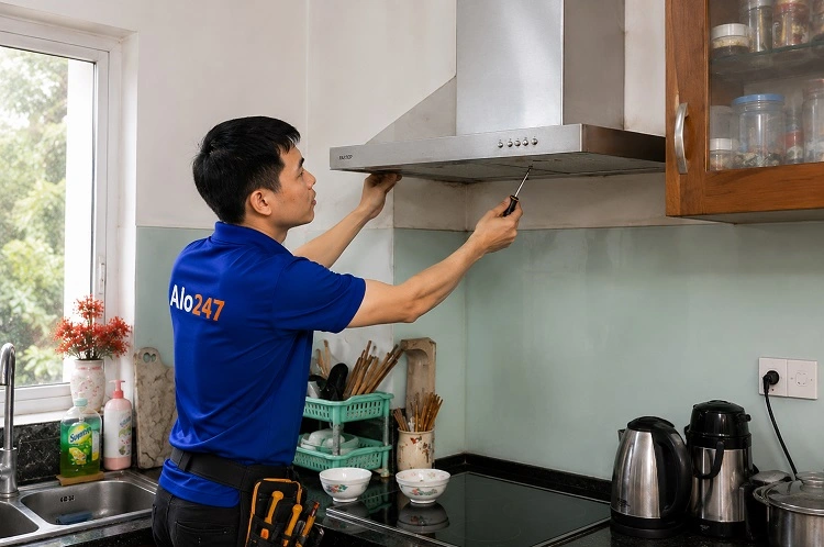 Thợ alo247 kiểm tra trước khi sửa máy hút mùi tại Tương Mai