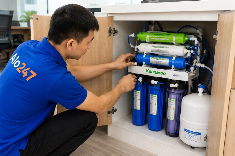 Thợ alo247 kiểm tra trước khi sửa máy lọc nước tại Xuân Phương