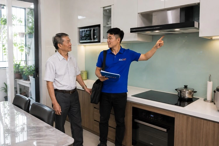 Thợ alo247 kiểm tra và bàn giao máy hút mùi tại Mê Linh sau khi sửa