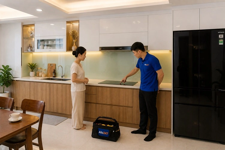 Thợ alo247 kiểm tra và trao đổi phương án sửa bếp từ Canzy