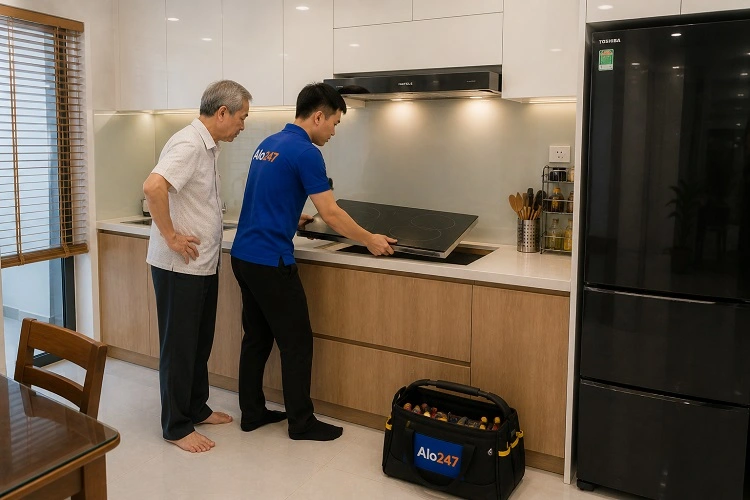 Thợ alo247 kiểm tra và trao đổi phương án sửa bếp từ sunhouse