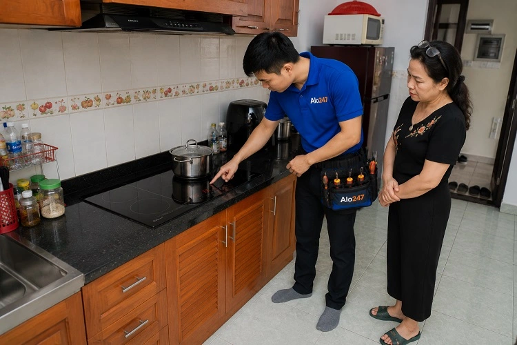 Thợ alo247 kiểm trao đổi phương án sửa bếp từ tại Gia Lâm