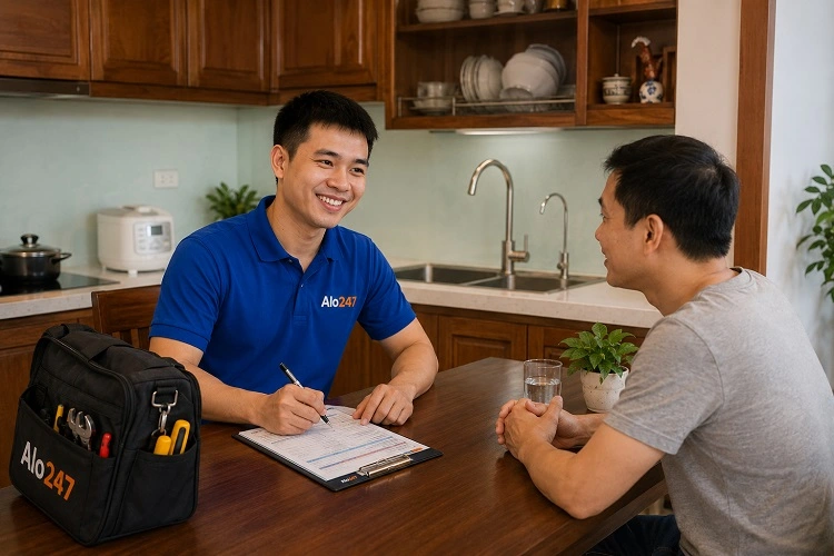 Thợ alo247 ký bảo hành dịch vụ sửa máy lọc nước tại Lĩnh Nam