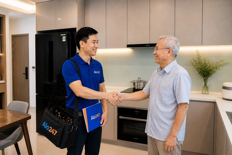 Thợ alo247 ký bảo hành và bàn giao bếp từ sau khi sửa chữa