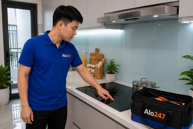 Thợ alo247 tại Ba Đình kiểm tra bếp từ trước khi sửa chữa