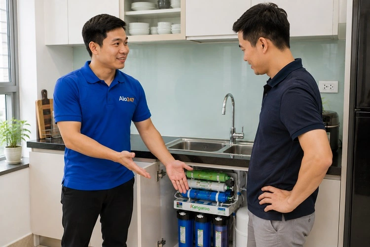 Thợ alo247 trao đổi bảo hành dịch vụ sửa máy lọc nước tại Xuân Phương