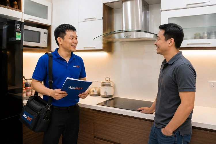 Thợ alo247 trao đổi chính sách bảo hành sau khi sửa máy hút mùi tại Phú Thượng