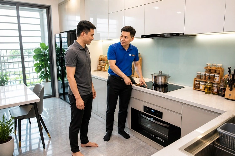 Thợ alo247 trao đổi phương án sửa bếp từ Bluestone