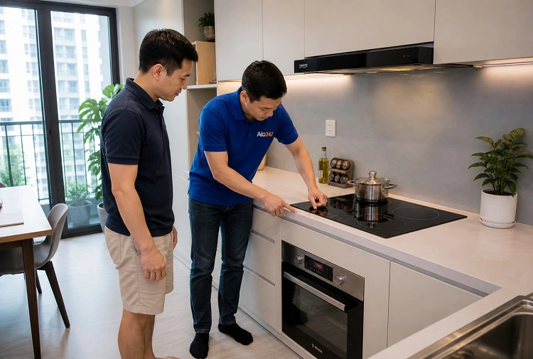 Thợ alo247 trao đổi phương án sửa bếp từ Chefs