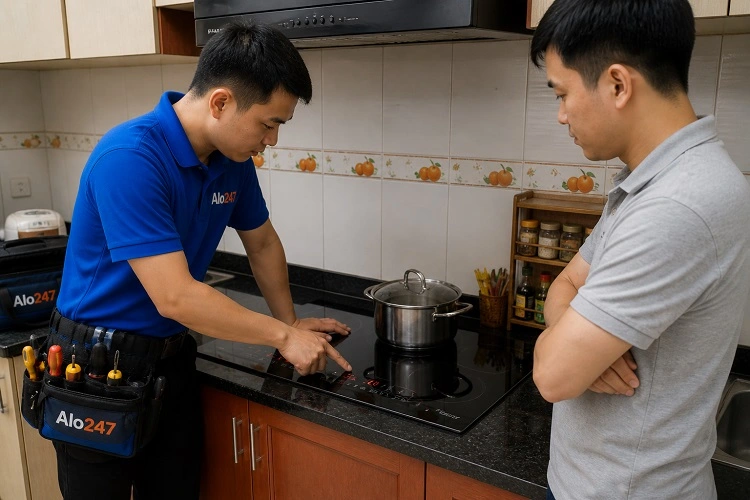 Thợ alo247 trao đổi phương án sửa bếp từ tại Tây Hồ