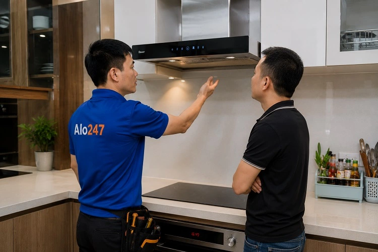 Thợ alo247 trao đổi phương án sửa máy hút mùi tại Bạch Mai