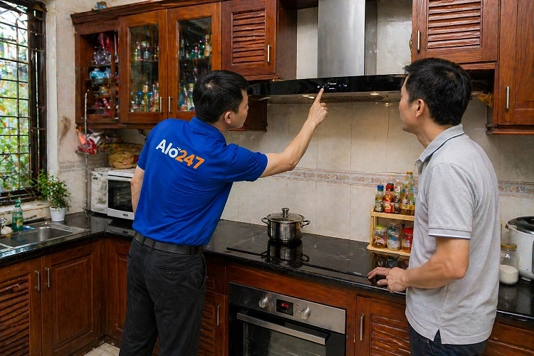 Thợ alo247 trao đổi phương án sửa máy hút mùi tại Giảng Võ